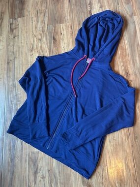Terez New York Bamboo Rayon Zip-Up Purple with Pink Drawstring Athleisure Hoodie